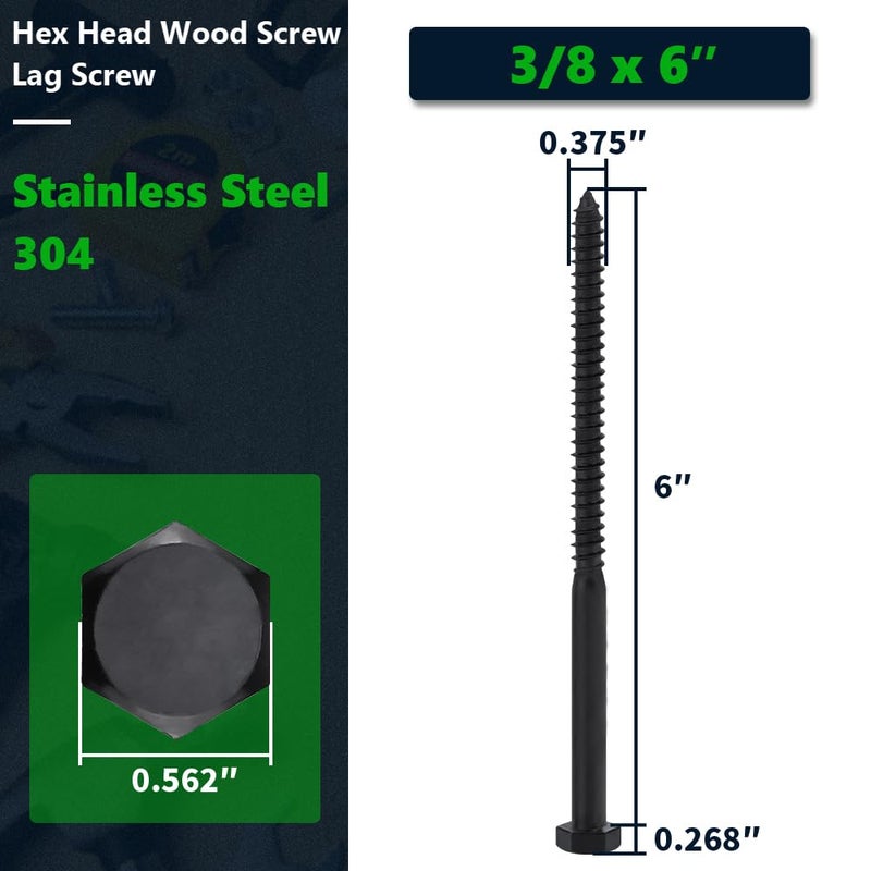 RoyceMart 6-Sets 3/8 x 6 Black Hex Head Lag Screws & Flat Washers, Heavy Duty Wood Lag Screws, 304 Stainless Steel (18-8), 3/8" Bolt - Image 2